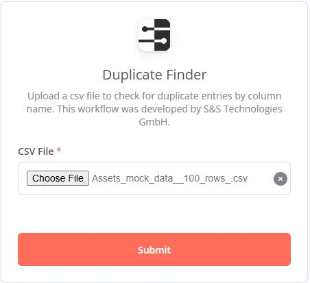 n8n form of the CSV Duplicate Finder: upload a CSV file to check it for duplicate entries