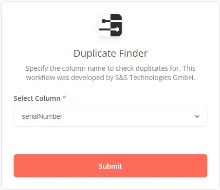 Second form step: choose the column to check for duplicates, here serialNumber