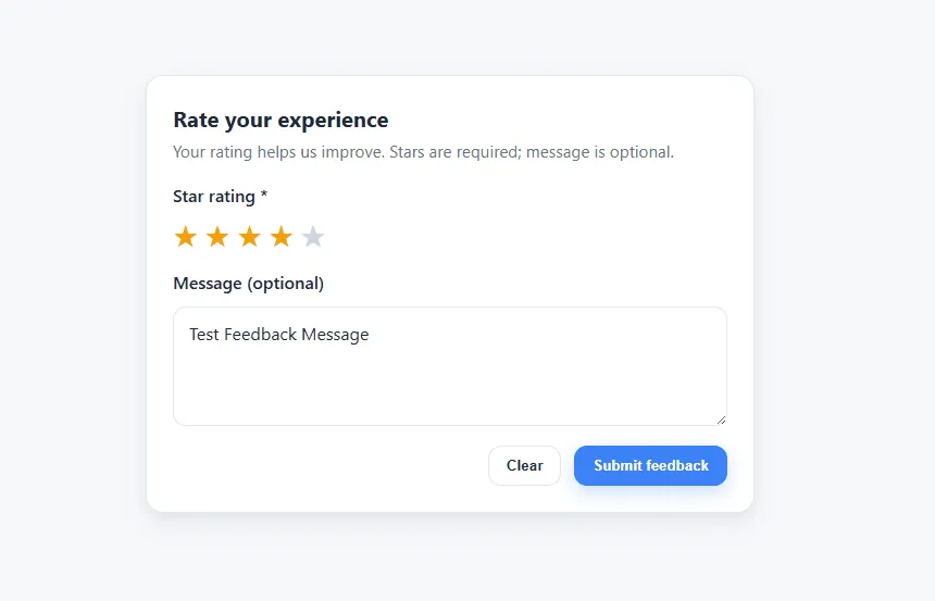 Feedback form with a 1-5 star rating and an optional message